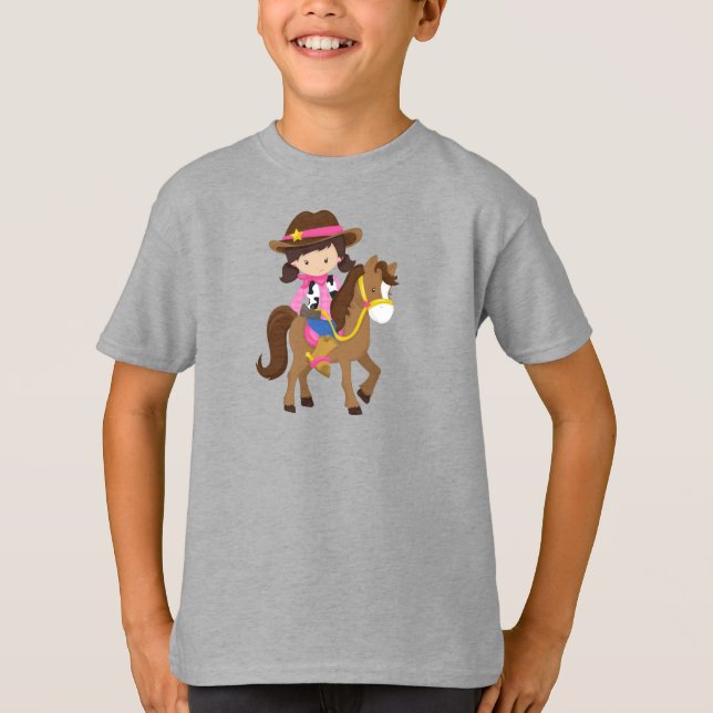 Cowgirl, Sheriff, Pferd, Western, Braunhaar T-Shirt (Vorderseite)