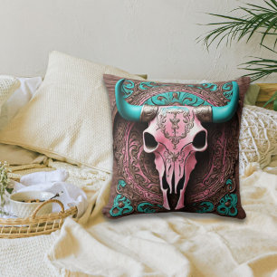 Cowgirl Southwest Türkis Pink Bull Skull Kissen