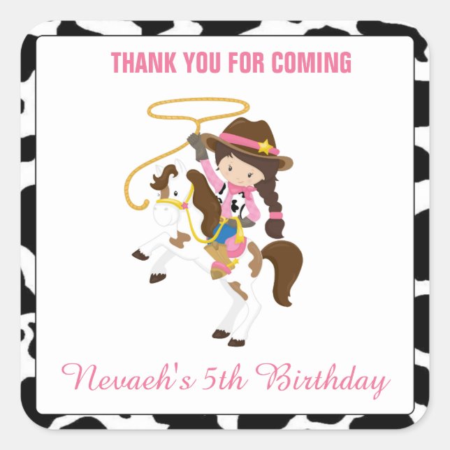 Cowgirl Square Stickers Labels Birthday Gefallen (Vorderseite)