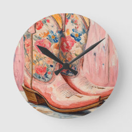 Cowgirl Stiefel Blumenrosa Vintager Western Runde Wanduhr