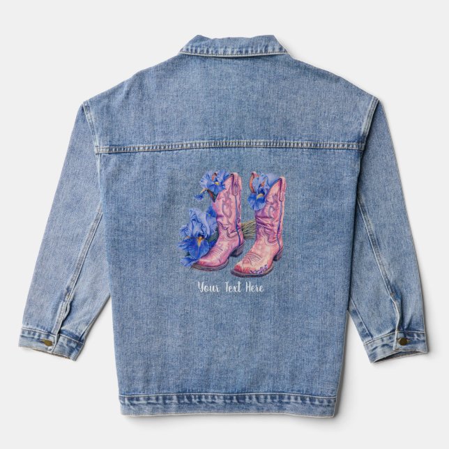 Cowgirl Stiefel & Iris Blume mit Text Denim Jacket Jeansjacke (Rückseite)