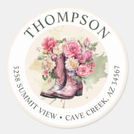 Cowgirl Stiefel mit Blume Rücksendeadressen-Aufkle Runder Aufkleber