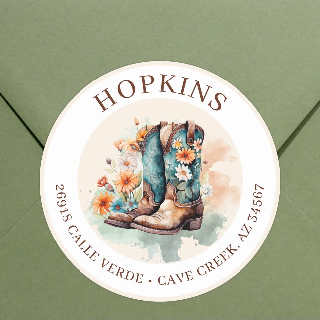 Cowgirl Stiefel mit Blume Rücksendeadressen-Aufkle Runder Aufkleber (Von Creator hochgeladen)