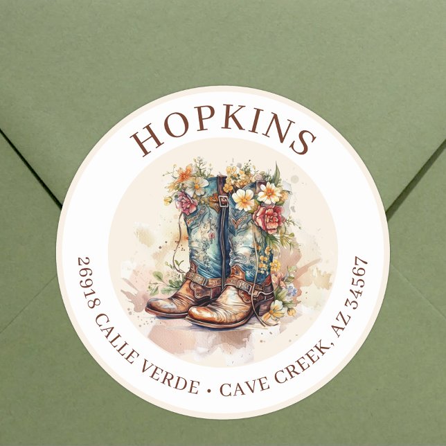 Cowgirl Stiefel mit Blume Rücksendeadressen-Aufkle Runder Aufkleber (Von Creator hochgeladen)