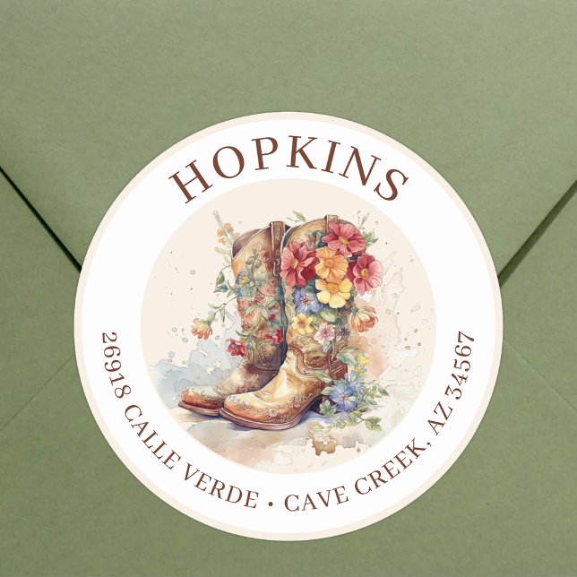 Cowgirl Stiefel mit Blume Rücksendeadressen-Aufkle Runder Aufkleber (Von Creator hochgeladen)