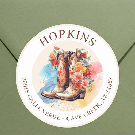 Cowgirl Stiefel mit Blume Rücksendeadressen-Aufkle Runder Aufkleber