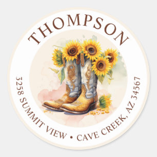 Cowgirl-Stiefel mit Sonnenblumen-Rücksendeetikett Runder Aufkleber