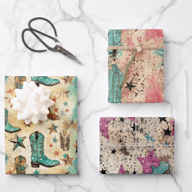 Cowgirl Stiefel Stars Rosa Türkisfarben Set 3 Geschenkpapier Set (Vorderseite)