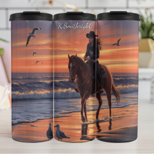 Cowgirl Strandritt Sonnenuntergang Möwen Thermosbecher