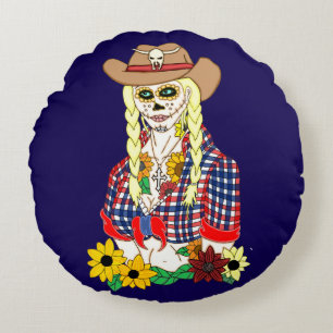 Cowgirl Sugar Skull Rundes Kissen