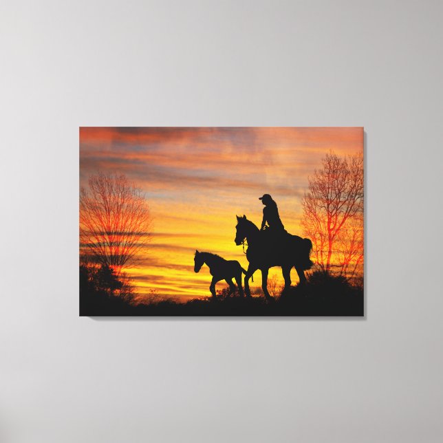 Cowgirl Sunset Horseback Ride Canvas Print Leinwanddruck (Vorderseite)