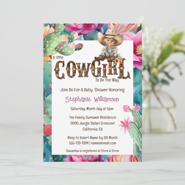 Cowgirl theme baby shower cactus girl einladung (Stehend Vorderseite)