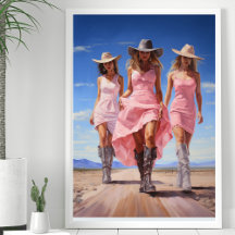 Cowgirl-Trio an der Küste in farbenfrohen rosa Kle