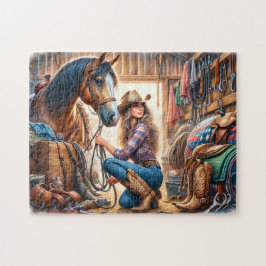 Cowgirl und Pferd im Stall auf der Ranch Puzzle