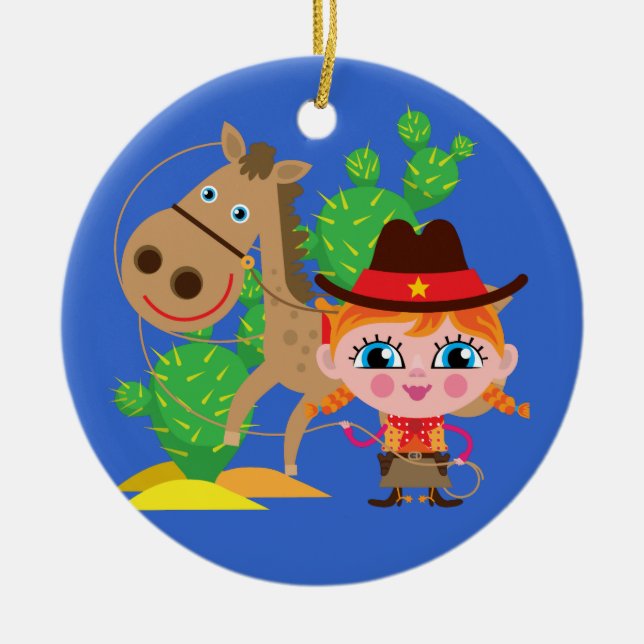 Cowgirl und Pferd Keramik Ornament (Vorne)