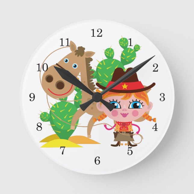 Cowgirl und Pferd Runde Wanduhr (Vorderseite)
