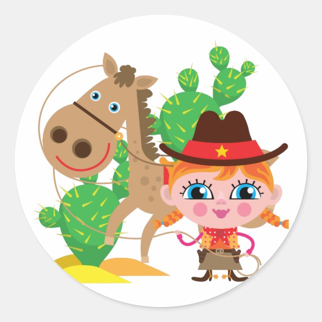 Cowgirl und Pferd Runder Aufkleber (Vorderseite)