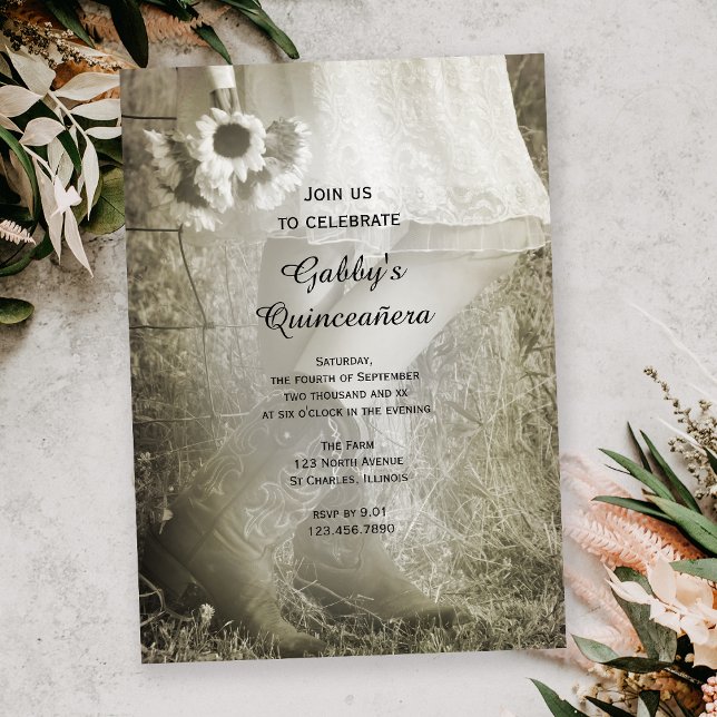 Cowgirl und Sonnenblumen Country Quinceañera Party Einladung (Von Creator hochgeladen)
