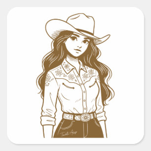 Cowgirl Western Ästhetik Linienkunst Quadratischer Aufkleber