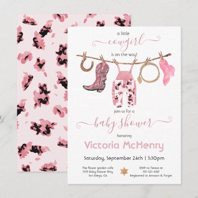 Cowgirl Western Baby Girl Clothesline Babydusche Einladung (Vorne/Hinten)