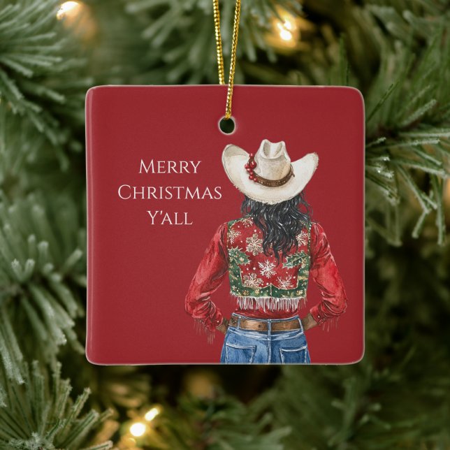 Cowgirl Western Black Hair Christmas   Keramikornament (Baum)