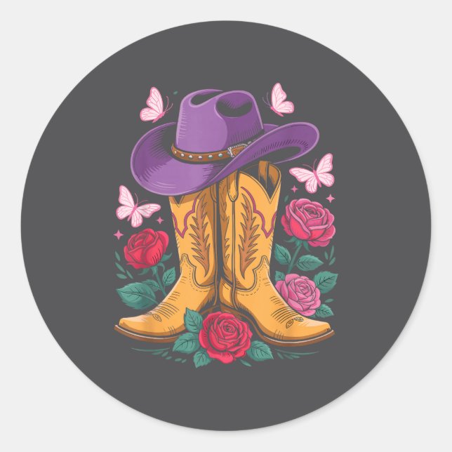Cowgirl Western Cowboy Hat Boots With Roses Countr Runder Aufkleber (Vorderseite)
