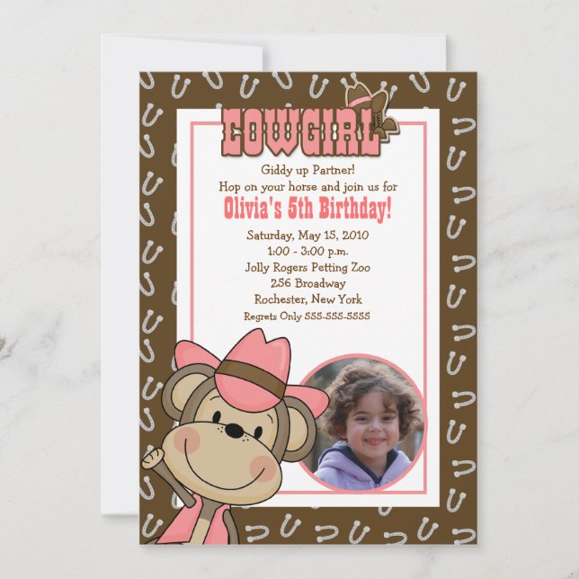 Cowgirl Western Monkey 12x18 *FOTO* Geburtstag Einladung (Vorderseite)