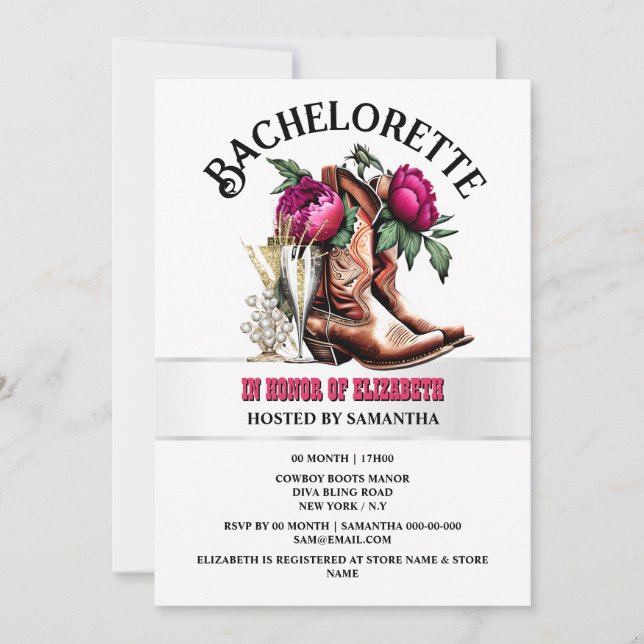 Cowgirl Western stickt magentafarbene blubbly chic Einladung (Vorderseite)