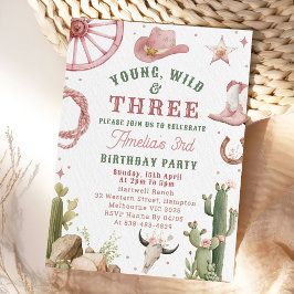 Cowgirl Young Wild & Three Birthday Invitation  Einladung