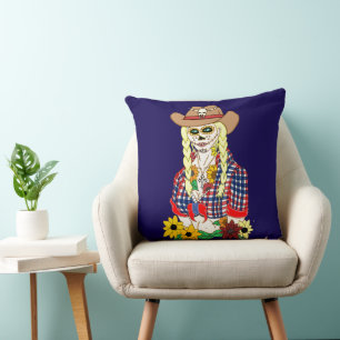 Cowgirl Zucker-Schädel Kissen