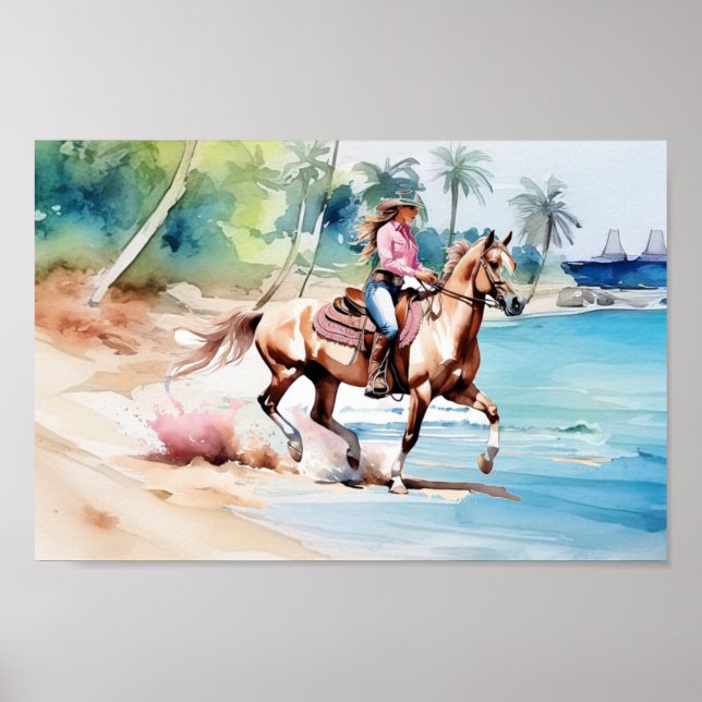 Cowgirl's Reiten auf der tropischen Insel Poster (Vorne)