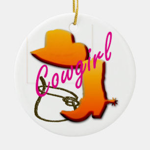 Cowgirltext mit Stiefel, Hut und Seilentwurf Keramik Ornament
