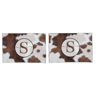 Cowhide Brown White Monogram Pillowcase Kissenbezug