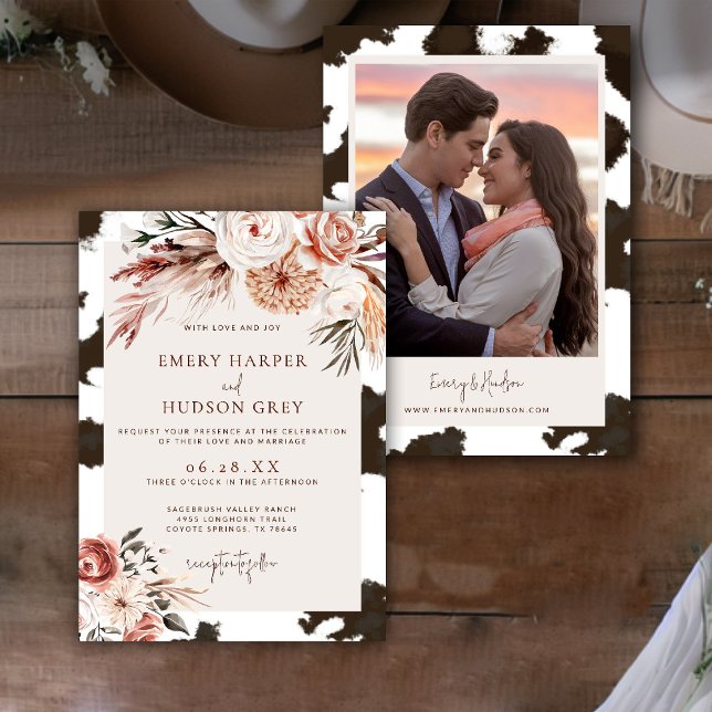 Cowhide Western Cowboy Ranch Boho Foto Wedding Einladung (western wedding photo invitation cowhide boho floral ranch country barn terracotta rust rustic)