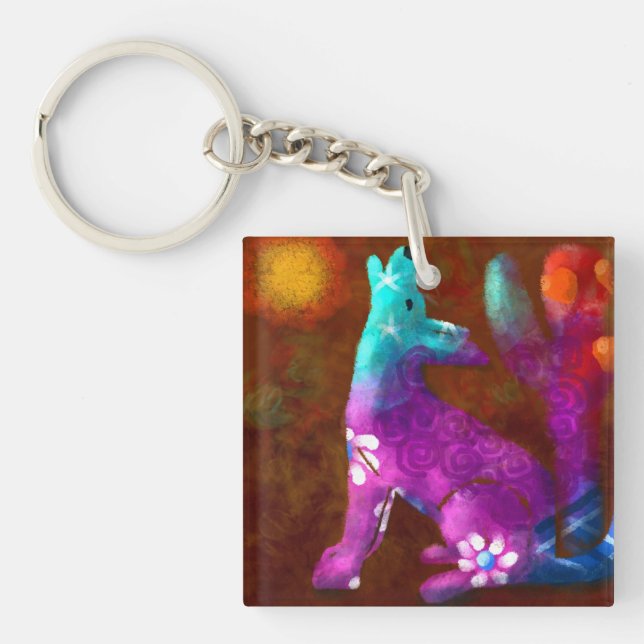 Coyote Abstrakt Art Saguaro Cactus Desert Brown Schlüsselanhänger (Vorderseite)