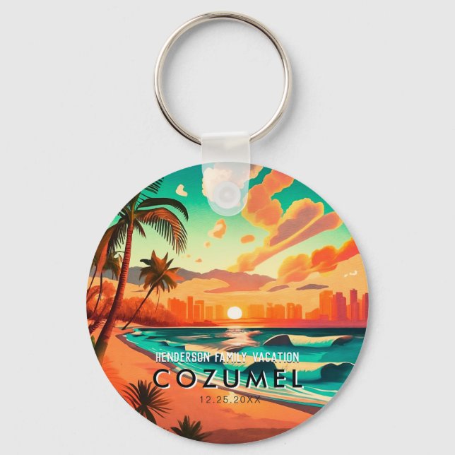 Cozumel Mexico Palm Tree Vintage Travel Souvenir Schlüsselanhänger (Vorderseite)