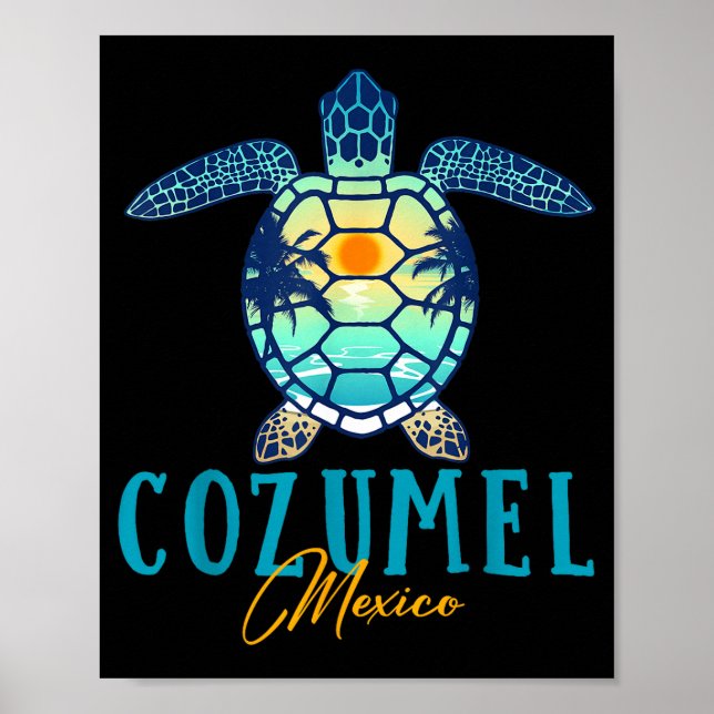 Cozumel Mexico Sea Turtle Palm Tree Sunset Beach V Poster (Vorne)