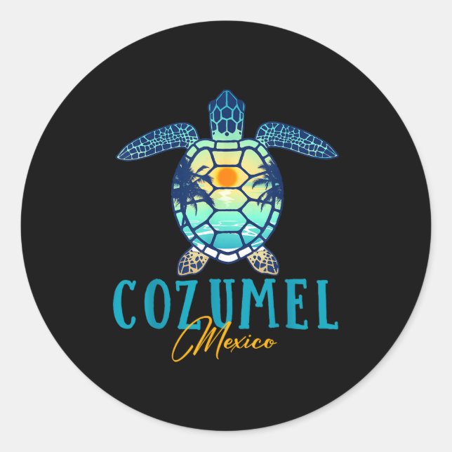 Cozumel Mexico Sea Turtle Palm Tree Sunset Beach V Runder Aufkleber (Vorderseite)