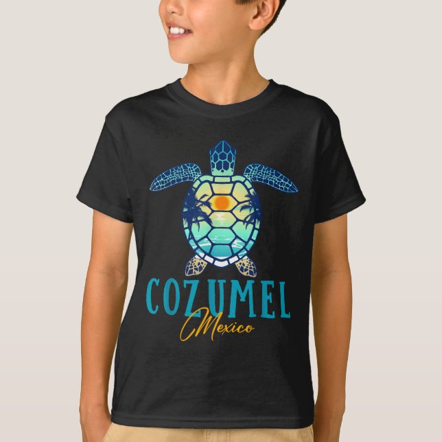Cozumel Mexico Sea Turtle Palm Tree Sunset Beach V T-Shirt (Vorderseite)