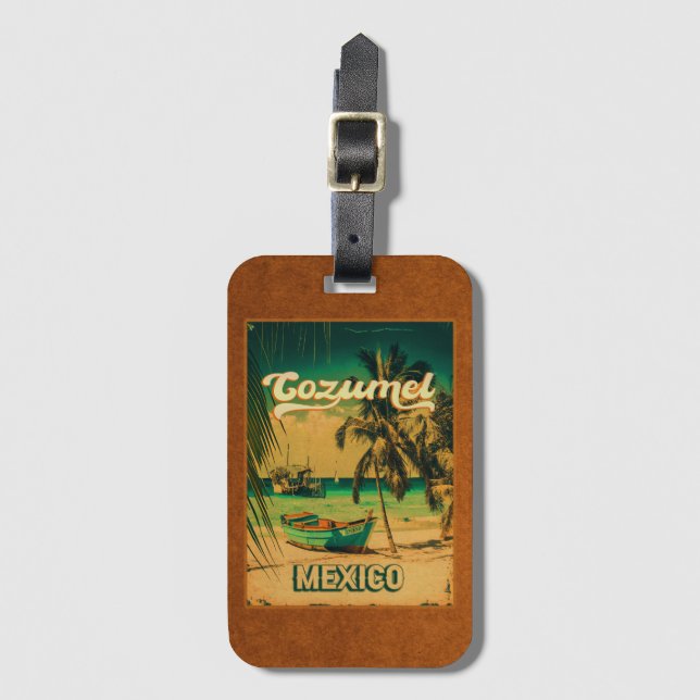 Cozumel Palm Tree Retro 80er Mexican Playa Gepäckanhänger (Vorderseite Vertikal)