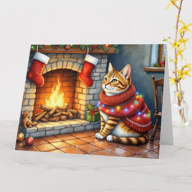Cozy Abyssinian Cat by Fireplace Christmas Lights Karte (Gelbe Blume)