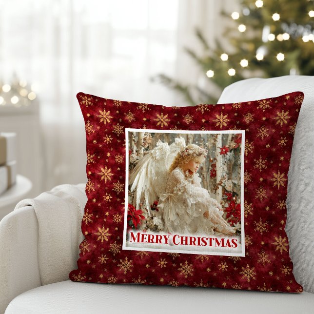 Cozy Angel Poinsettia Red Gold Custom Name Christm Kissen (Cozy Angel Poinsettia Red Gold Custom Name Christmas Pillow

)
