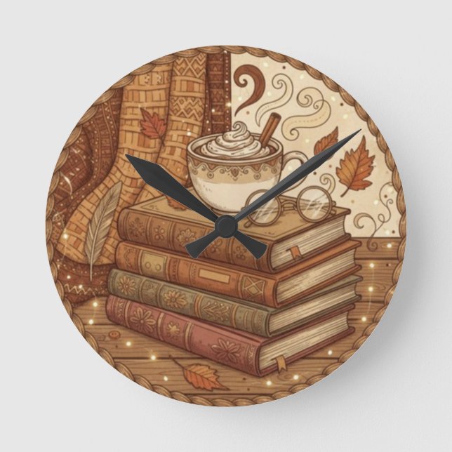 Cozy Autumn Books and Coffee Illustration Runde Wanduhr (Vorderseite)