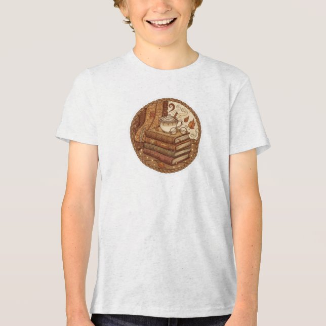 Cozy Autumn Books and Coffee Illustration Tri-Blend Shirt (Vorderseite)