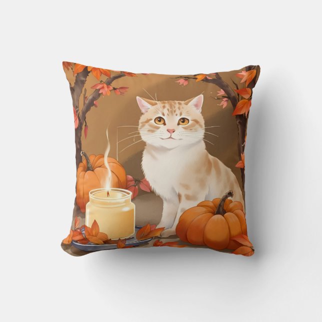 Cozy Autumn Cat & Pumpkin Spice Neutral Colors Kissen (Vorderseite)