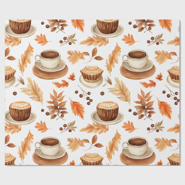 Cozy Autumn Coffee Cups and Leaves in Warm Earthy  Geschenkpapier (Flach)