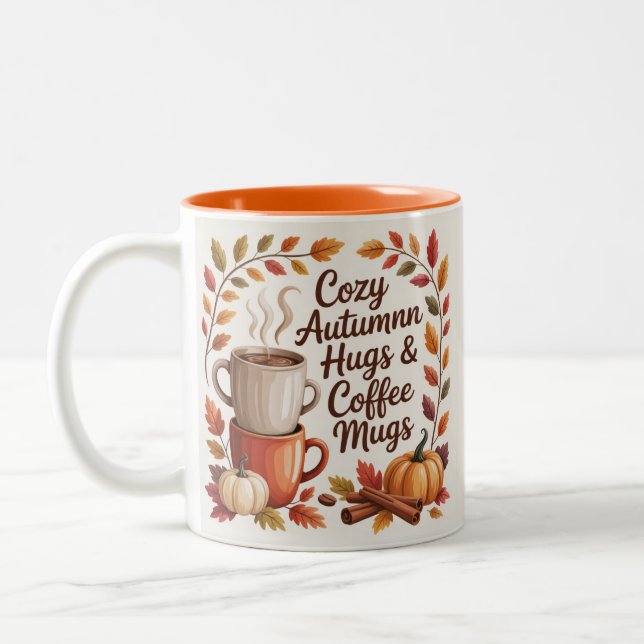 Cozy Autumn Hugs and Coffee mugs leaves Zweifarbige Tasse (Links)