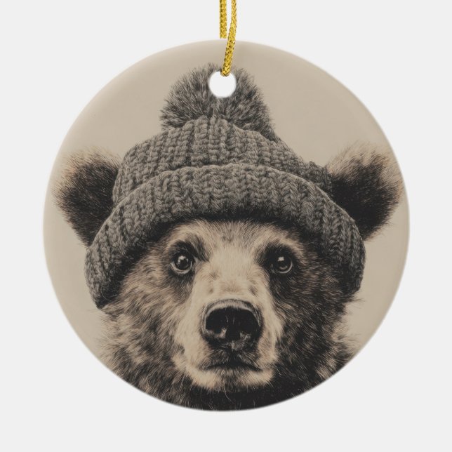 Cozy Bear in Beanie - Cute Winter Animal  Keramik Ornament (Vorne)