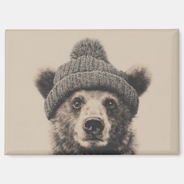 Cozy Bear in Beanie - Cute Winter Animal  Magnet (Vorderseite)