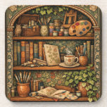 Cozy book shelf books artist supplies coffee getränkeuntersetzer<br><div class="desc">A cozy retro-inspired design featuring a charming bookshelf filled with vintage books,  delicate botanical accents,  and a comforting cup of tea or coffee. Nestled among the pages sits an assortment of artist supplies,  adding a whimsical touch of fantasy to this warm and inviting book-lover scene.</div>